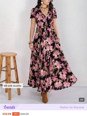 Black Floral Button-Front Maxi Dress with Pink Blossoms